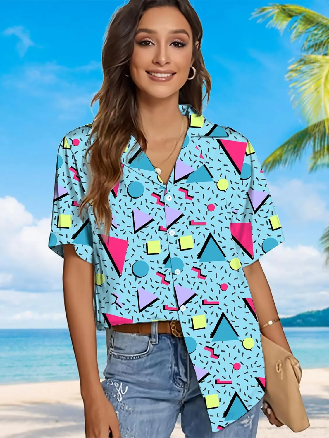 80s 90s Shirts for Women: 80's Neno Disco Party Tshirts 1980s Hawaiian Button Down Blouse Tops