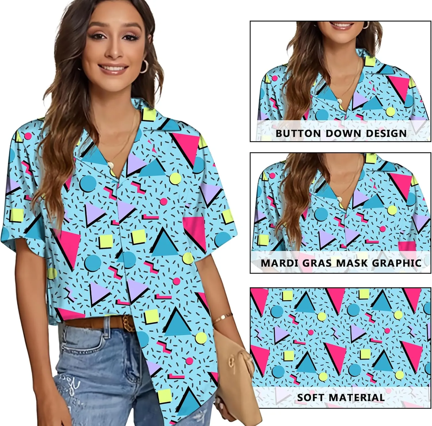 80s 90s Shirts for Women: 80's Neno Disco Party Tshirts 1980s Hawaiian Button Down Blouse Tops