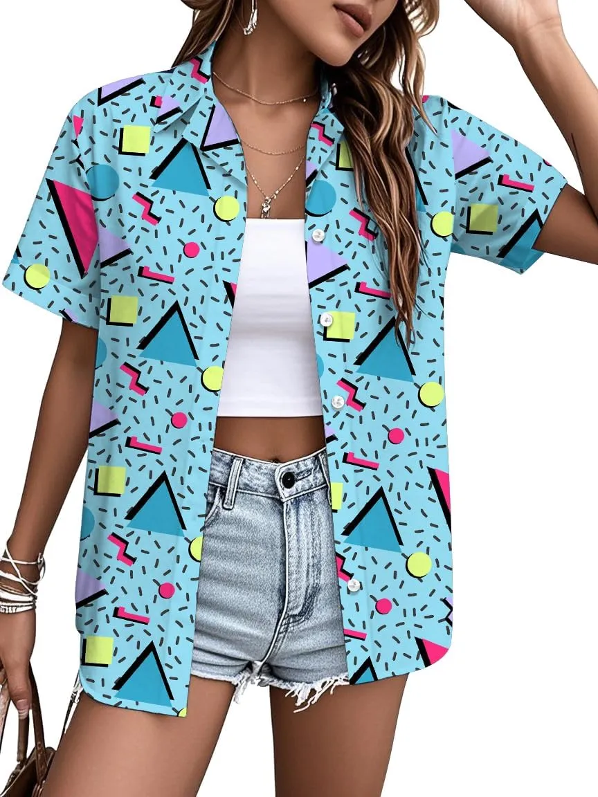80s 90s Shirts for Women: 80's Neno Disco Party Tshirts 1980s Hawaiian Button Down Blouse Tops