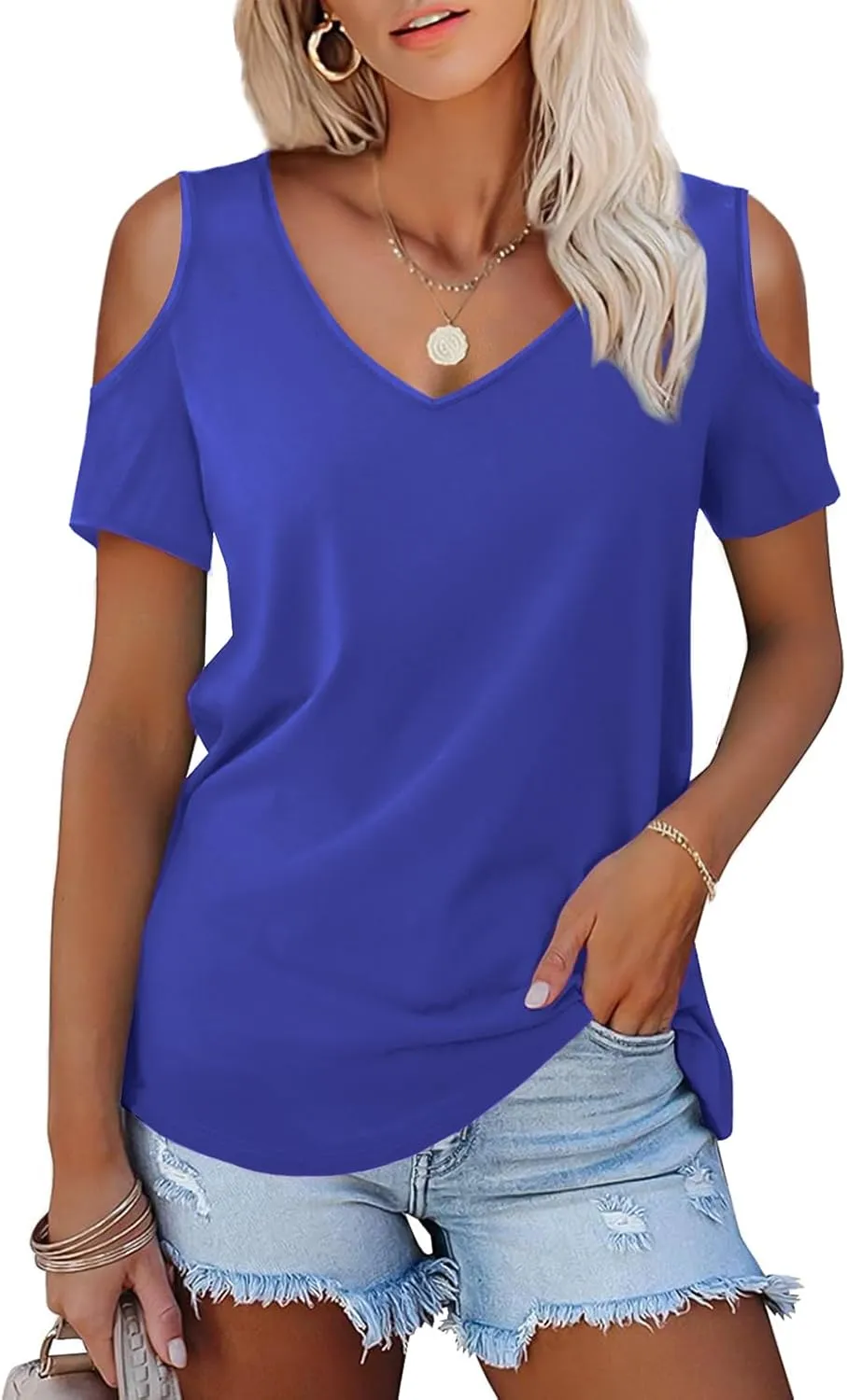 Amoretu Women's Short Sleeve Shirts Cold Shoulder Tops V Neck Blouse Tunic Shirts