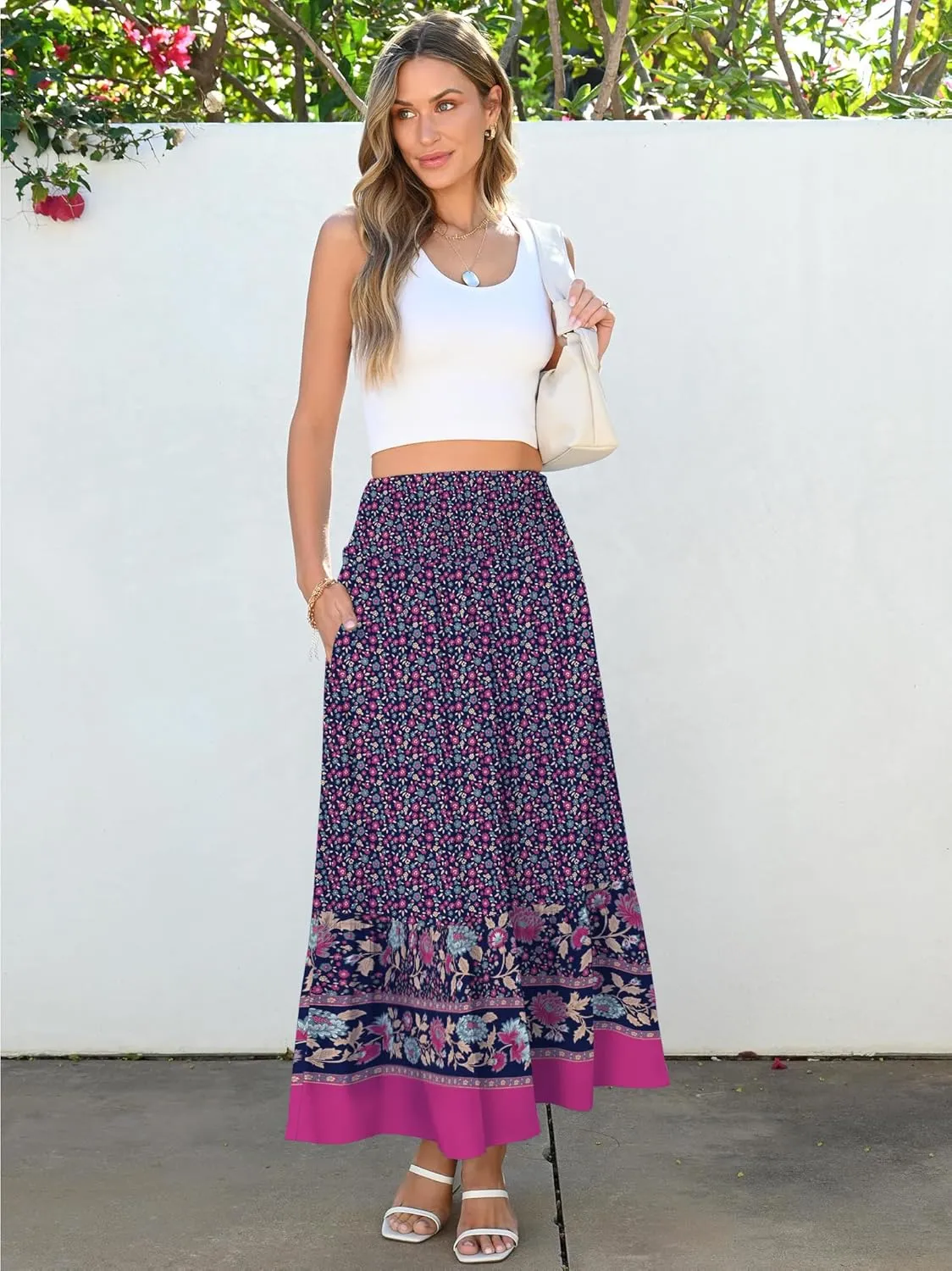 ANRABESS Maxi Skirts for Women 2025 Summer Boho Long Flowy Floral Elastic High Waist Skirt Casual Travel Skirt with Pockets