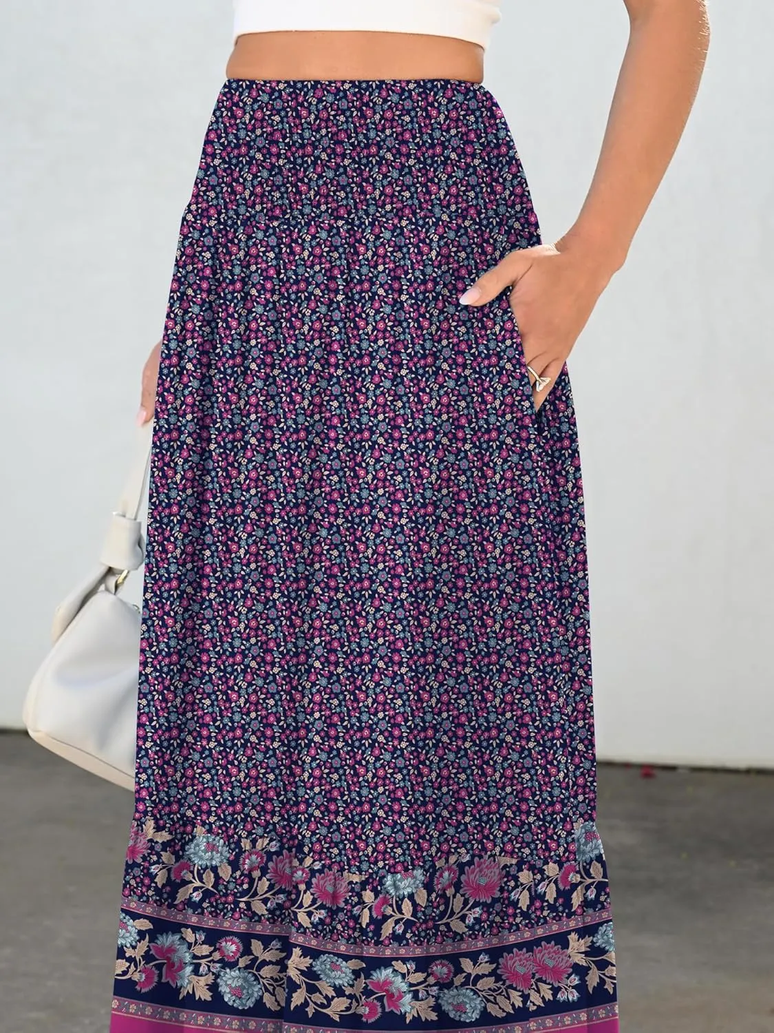 ANRABESS Maxi Skirts for Women 2025 Summer Boho Long Flowy Floral Elastic High Waist Skirt Casual Travel Skirt with Pockets