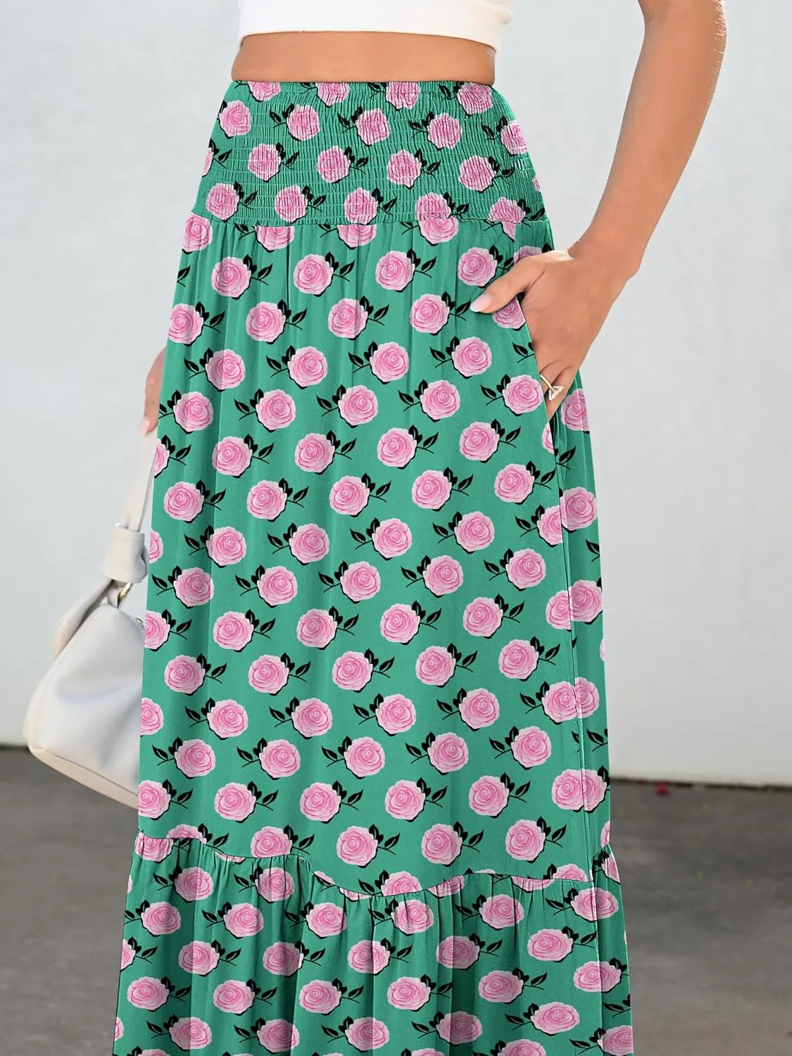 ANRABESS Maxi Skirts for Women 2025 Summer Boho Long Flowy Floral Elastic High Waist Skirt Casual Travel Skirt with Pockets