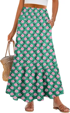 ANRABESS Maxi Skirts for Women 2025 Summer Boho Long Flowy Floral Elastic High Waist Skirt Casual Travel Skirt with Pockets
