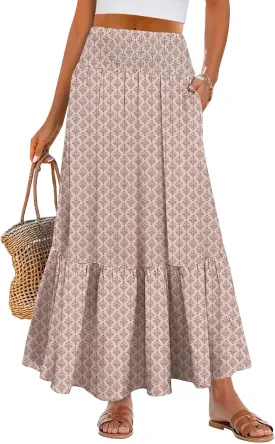ANRABESS Maxi Skirts for Women 2025 Summer Boho Long Flowy Floral Elastic High Waist Skirt Casual Travel Skirt with Pockets