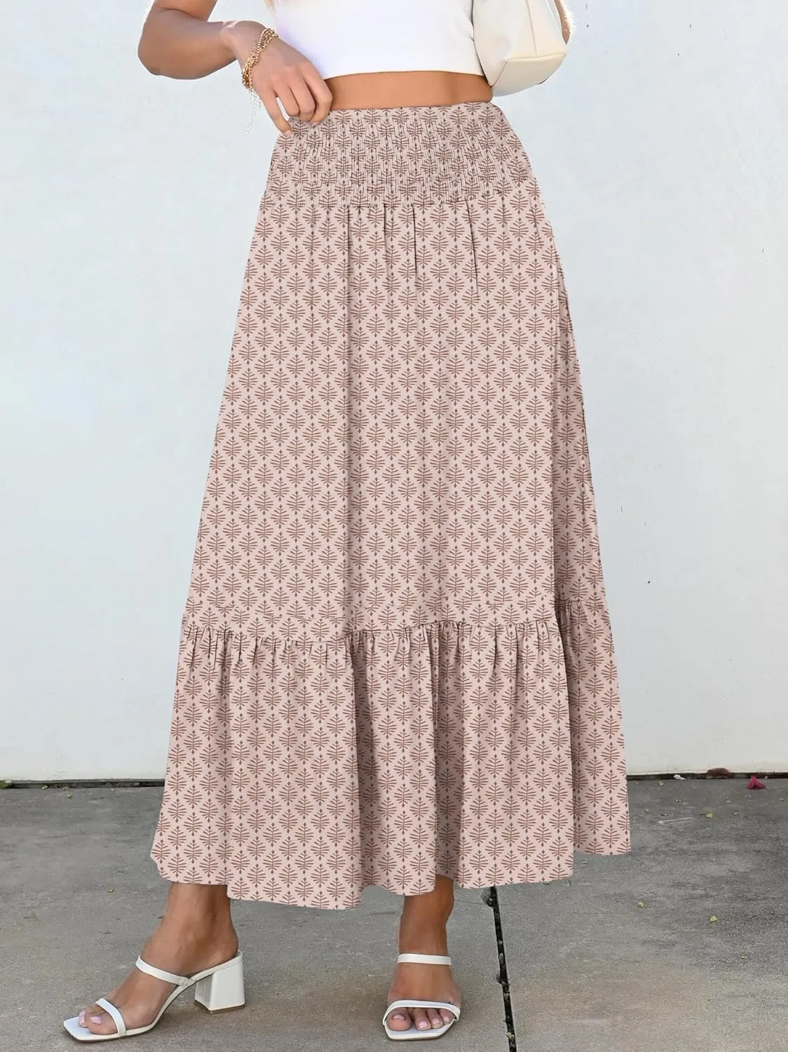 ANRABESS Maxi Skirts for Women 2025 Summer Boho Long Flowy Floral Elastic High Waist Skirt Casual Travel Skirt with Pockets