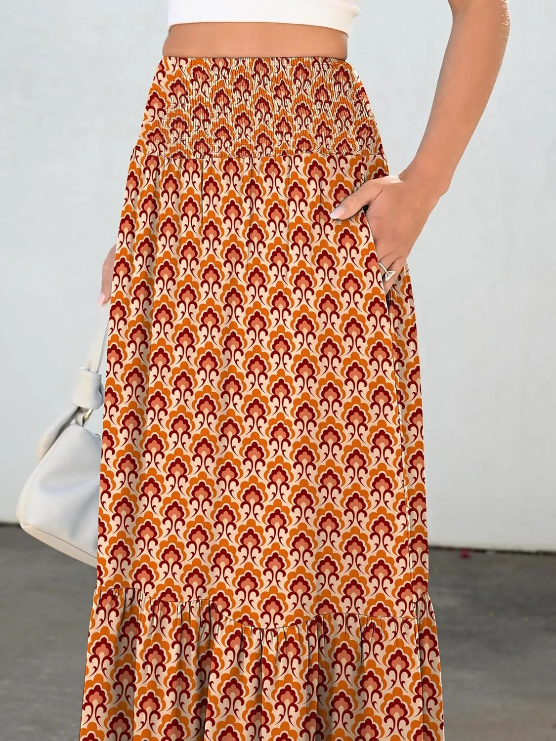 ANRABESS Maxi Skirts for Women 2025 Summer Boho Long Flowy Floral Elastic High Waist Skirt Casual Travel Skirt with Pockets