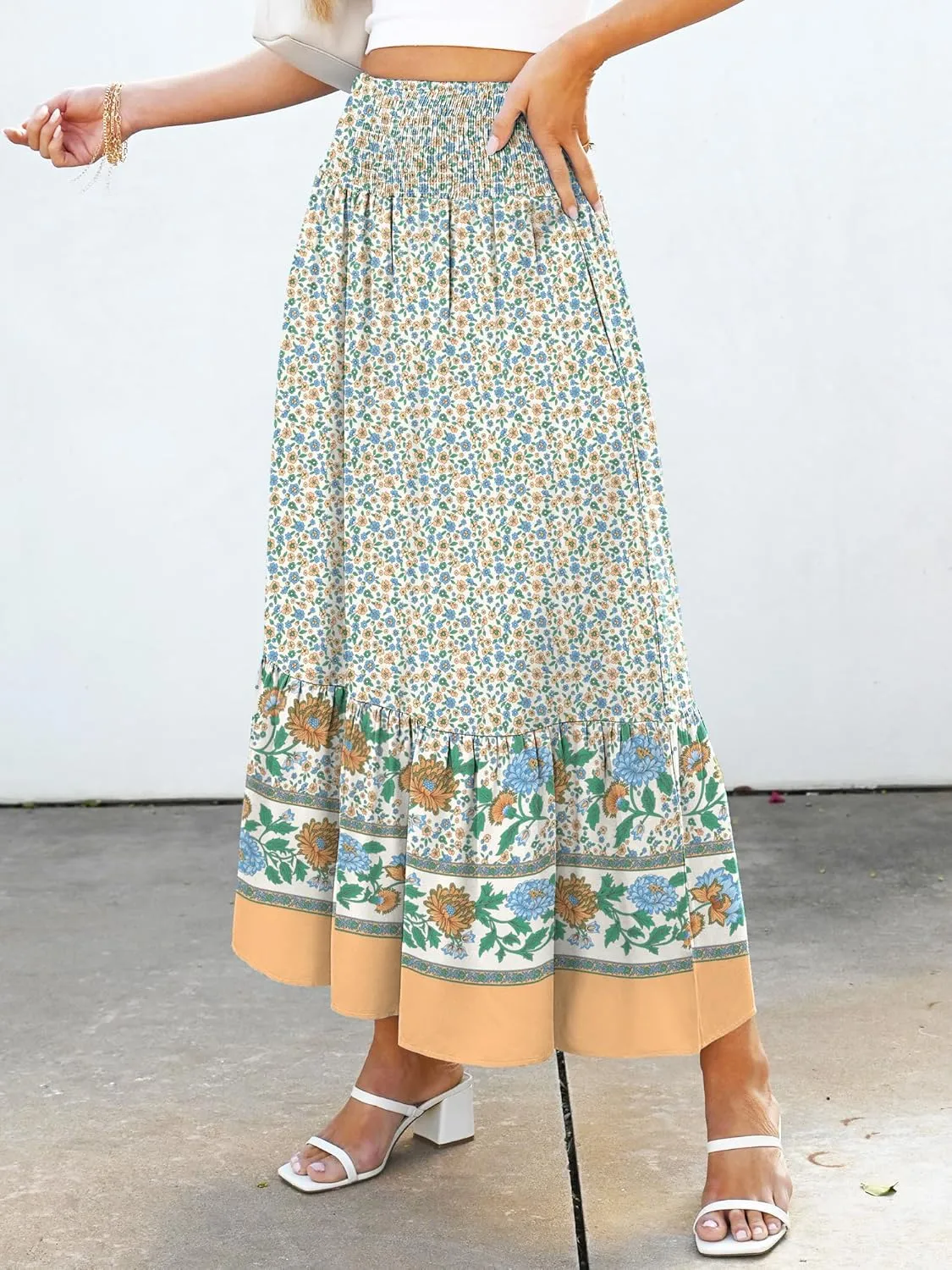 ANRABESS Maxi Skirts for Women 2025 Summer Boho Long Flowy Floral Elastic High Waist Skirt Casual Travel Skirt with Pockets