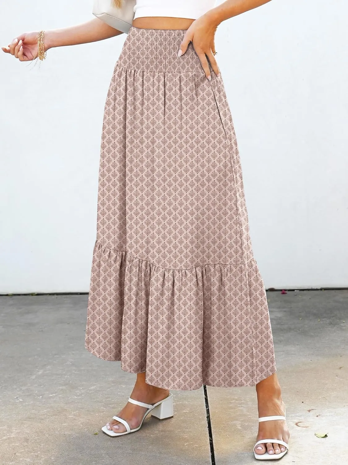 ANRABESS Maxi Skirts for Women 2025 Summer Boho Long Flowy Floral Elastic High Waist Skirt Casual Travel Skirt with Pockets