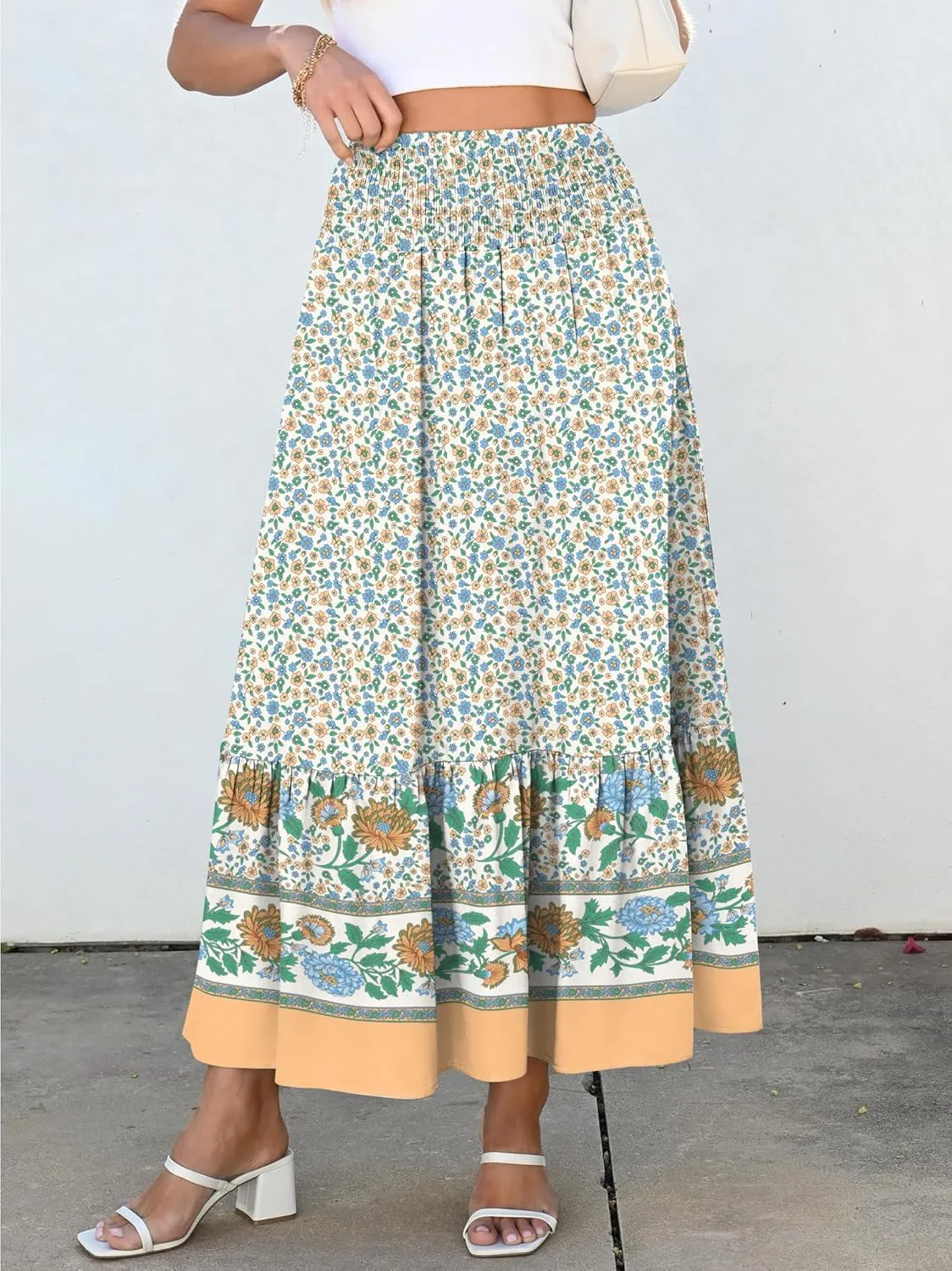 ANRABESS Maxi Skirts for Women 2025 Summer Boho Long Flowy Floral Elastic High Waist Skirt Casual Travel Skirt with Pockets