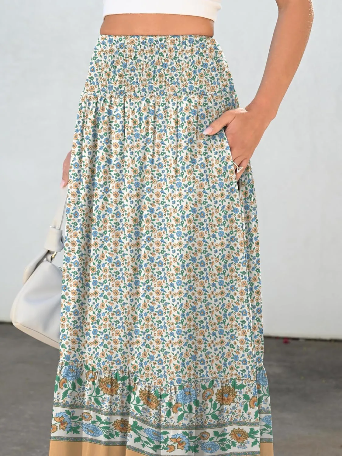 ANRABESS Maxi Skirts for Women 2025 Summer Boho Long Flowy Floral Elastic High Waist Skirt Casual Travel Skirt with Pockets