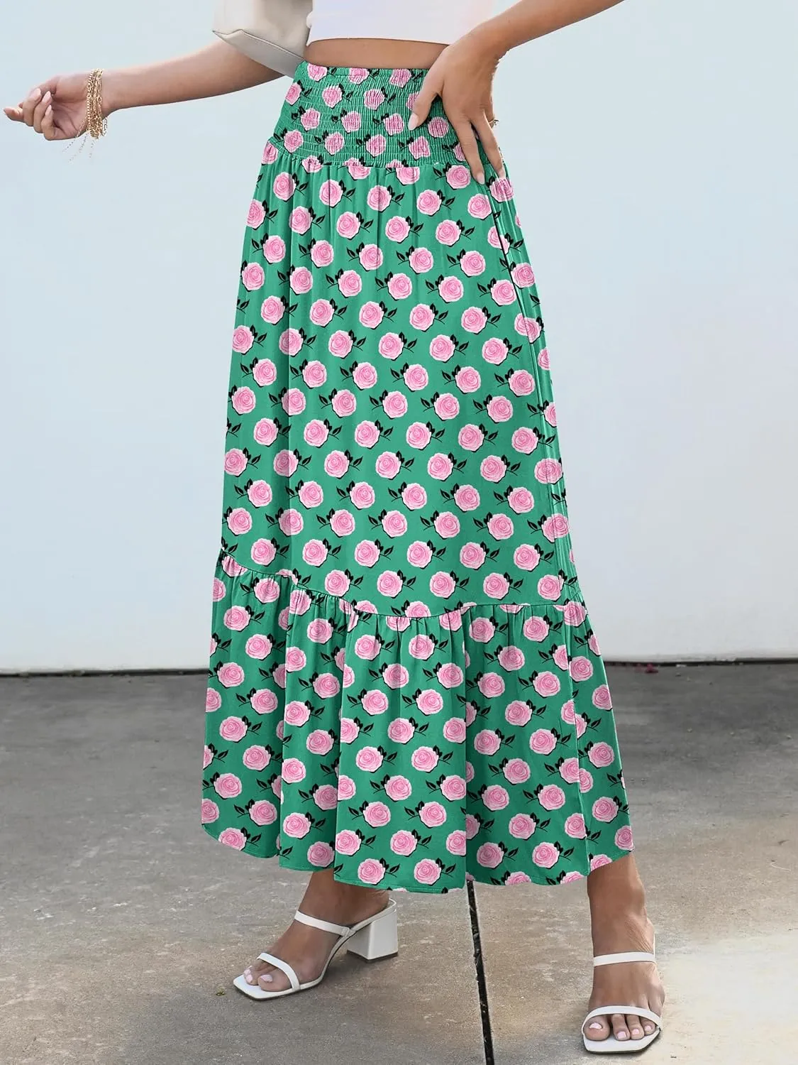 ANRABESS Maxi Skirts for Women 2025 Summer Boho Long Flowy Floral Elastic High Waist Skirt Casual Travel Skirt with Pockets