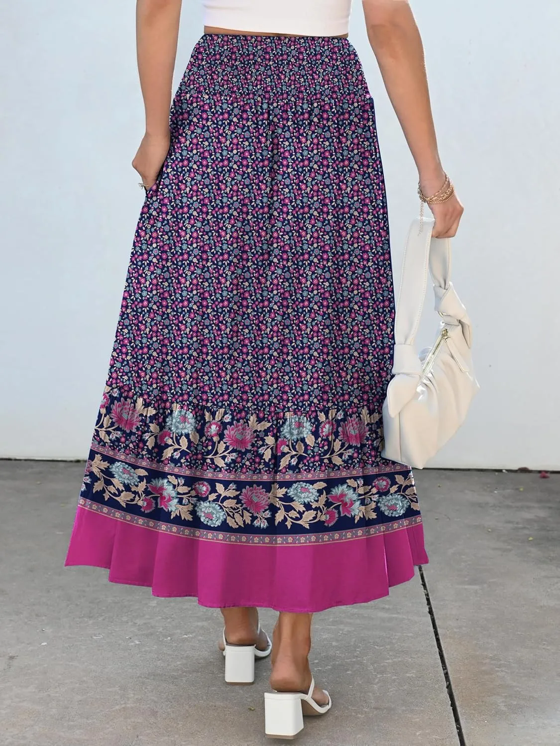 ANRABESS Maxi Skirts for Women 2025 Summer Boho Long Flowy Floral Elastic High Waist Skirt Casual Travel Skirt with Pockets