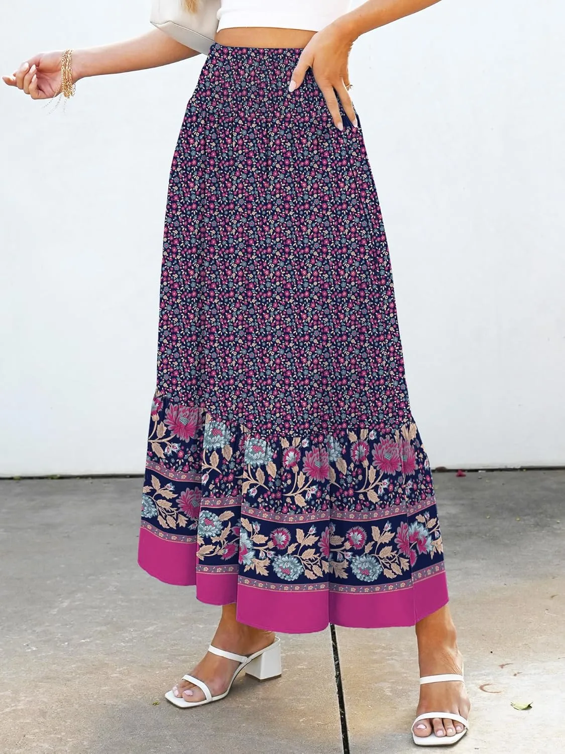 ANRABESS Maxi Skirts for Women 2025 Summer Boho Long Flowy Floral Elastic High Waist Skirt Casual Travel Skirt with Pockets