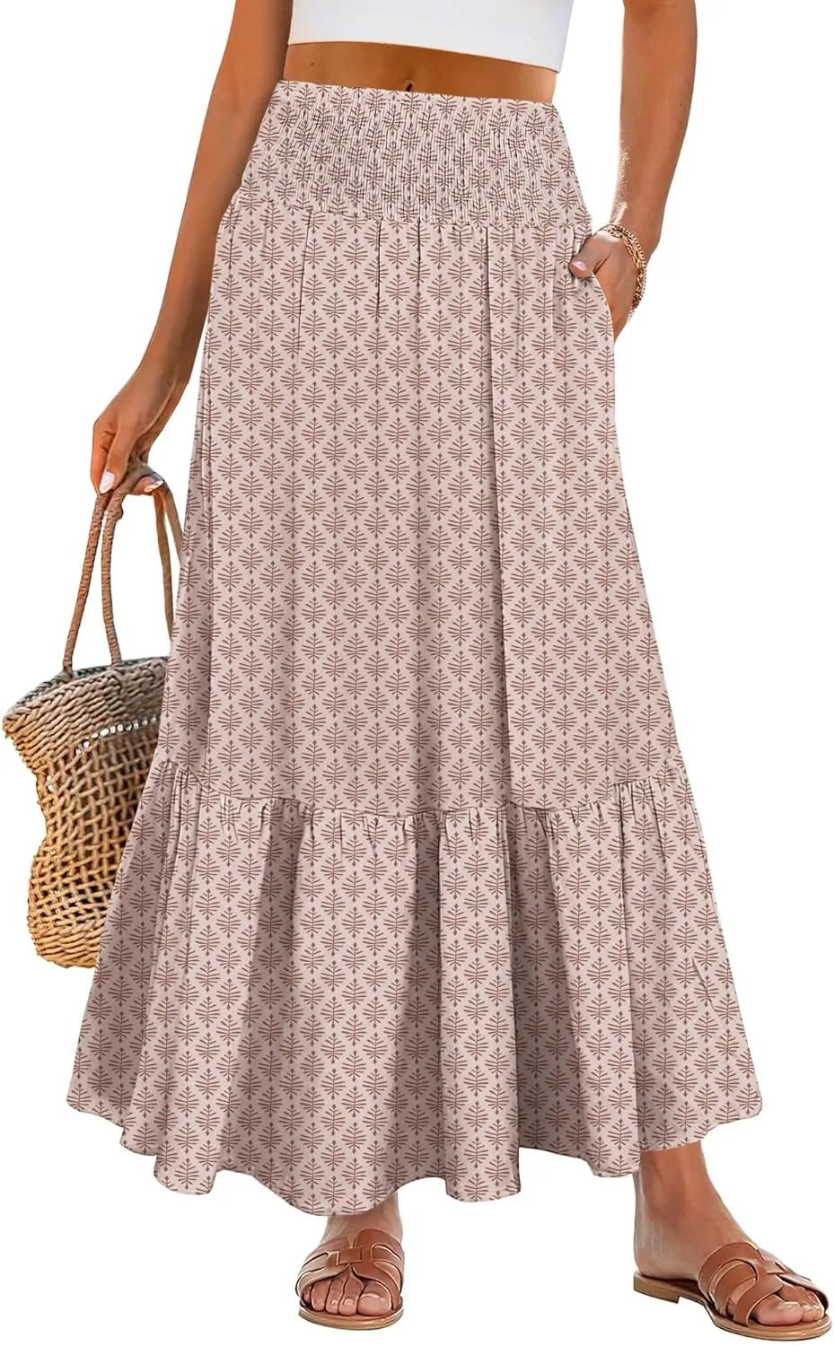 ANRABESS Maxi Skirts for Women 2025 Summer Boho Long Flowy Floral Elastic High Waist Skirt Casual Travel Skirt with Pockets