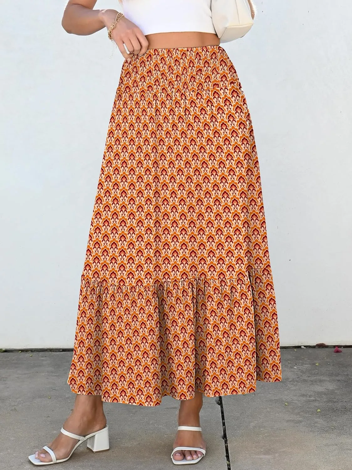 ANRABESS Maxi Skirts for Women 2025 Summer Boho Long Flowy Floral Elastic High Waist Skirt Casual Travel Skirt with Pockets