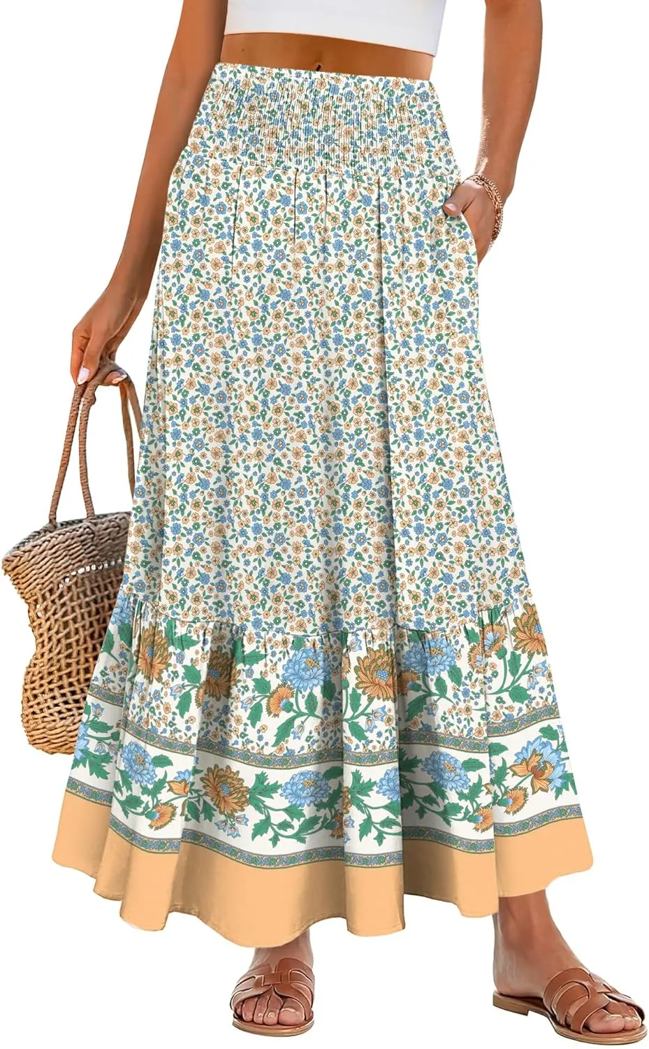 ANRABESS Maxi Skirts for Women 2025 Summer Boho Long Flowy Floral Elastic High Waist Skirt Casual Travel Skirt with Pockets