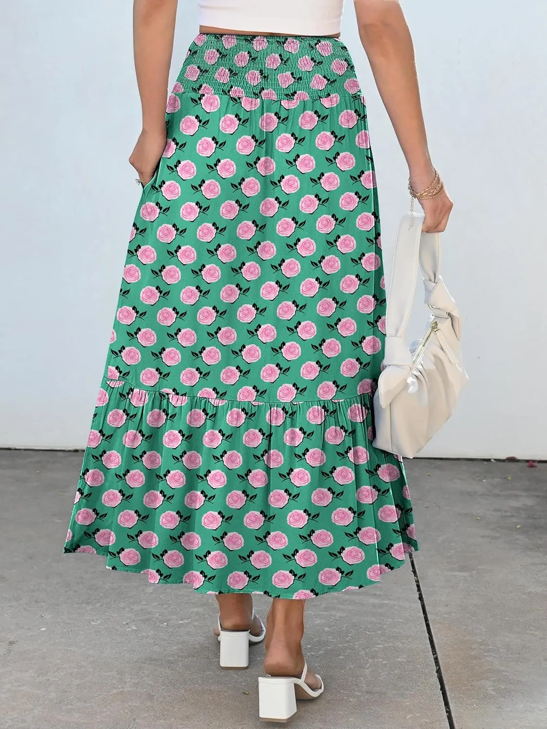 ANRABESS Maxi Skirts for Women 2025 Summer Boho Long Flowy Floral Elastic High Waist Skirt Casual Travel Skirt with Pockets