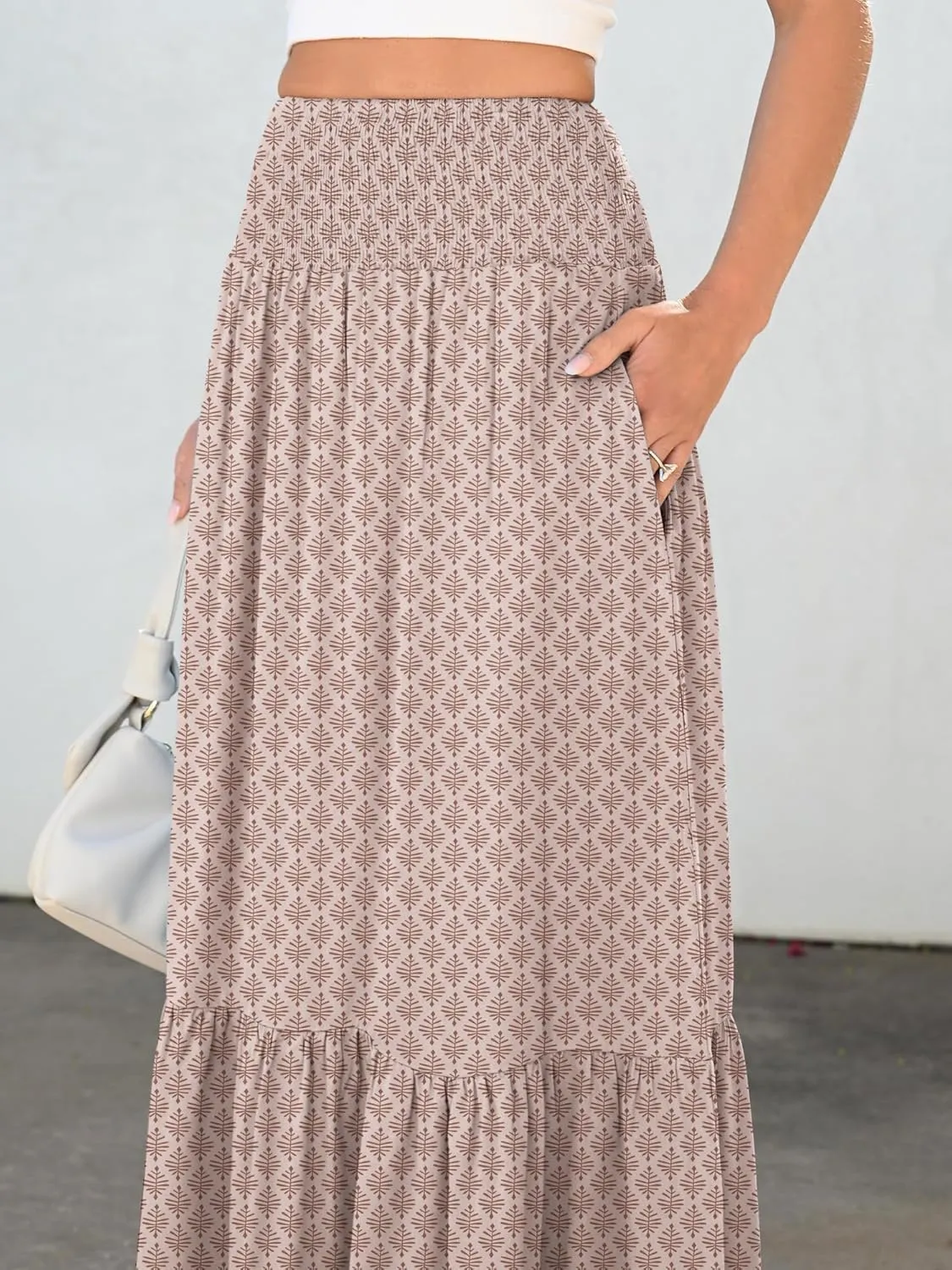 ANRABESS Maxi Skirts for Women 2025 Summer Boho Long Flowy Floral Elastic High Waist Skirt Casual Travel Skirt with Pockets