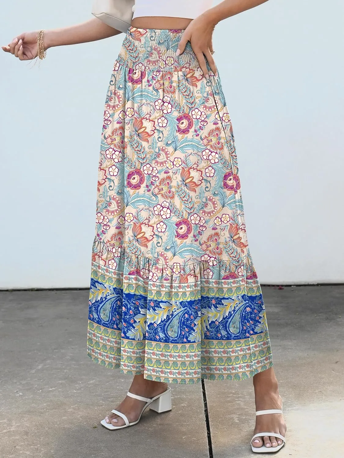 ANRABESS Maxi Skirts for Women 2025 Summer Boho Long Flowy Floral Elastic High Waist Skirt Casual Travel Skirt with Pockets
