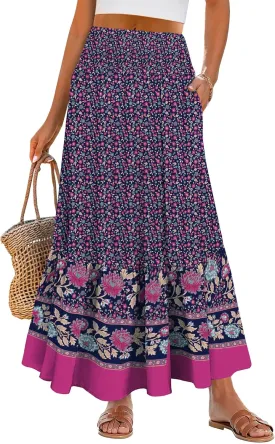 ANRABESS Maxi Skirts for Women 2025 Summer Boho Long Flowy Floral Elastic High Waist Skirt Casual Travel Skirt with Pockets