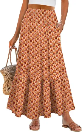 ANRABESS Maxi Skirts for Women 2025 Summer Boho Long Flowy Floral Elastic High Waist Skirt Casual Travel Skirt with Pockets