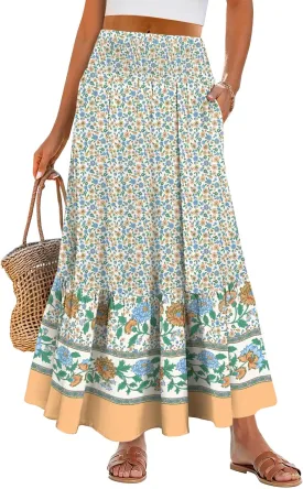 ANRABESS Maxi Skirts for Women 2025 Summer Boho Long Flowy Floral Elastic High Waist Skirt Casual Travel Skirt with Pockets
