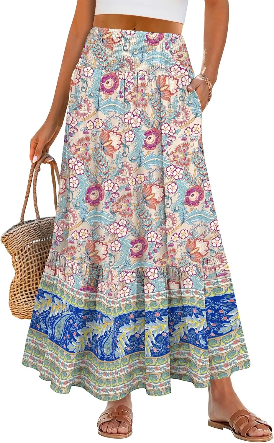 ANRABESS Maxi Skirts for Women 2025 Summer Boho Long Flowy Floral Elastic High Waist Skirt Casual Travel Skirt with Pockets