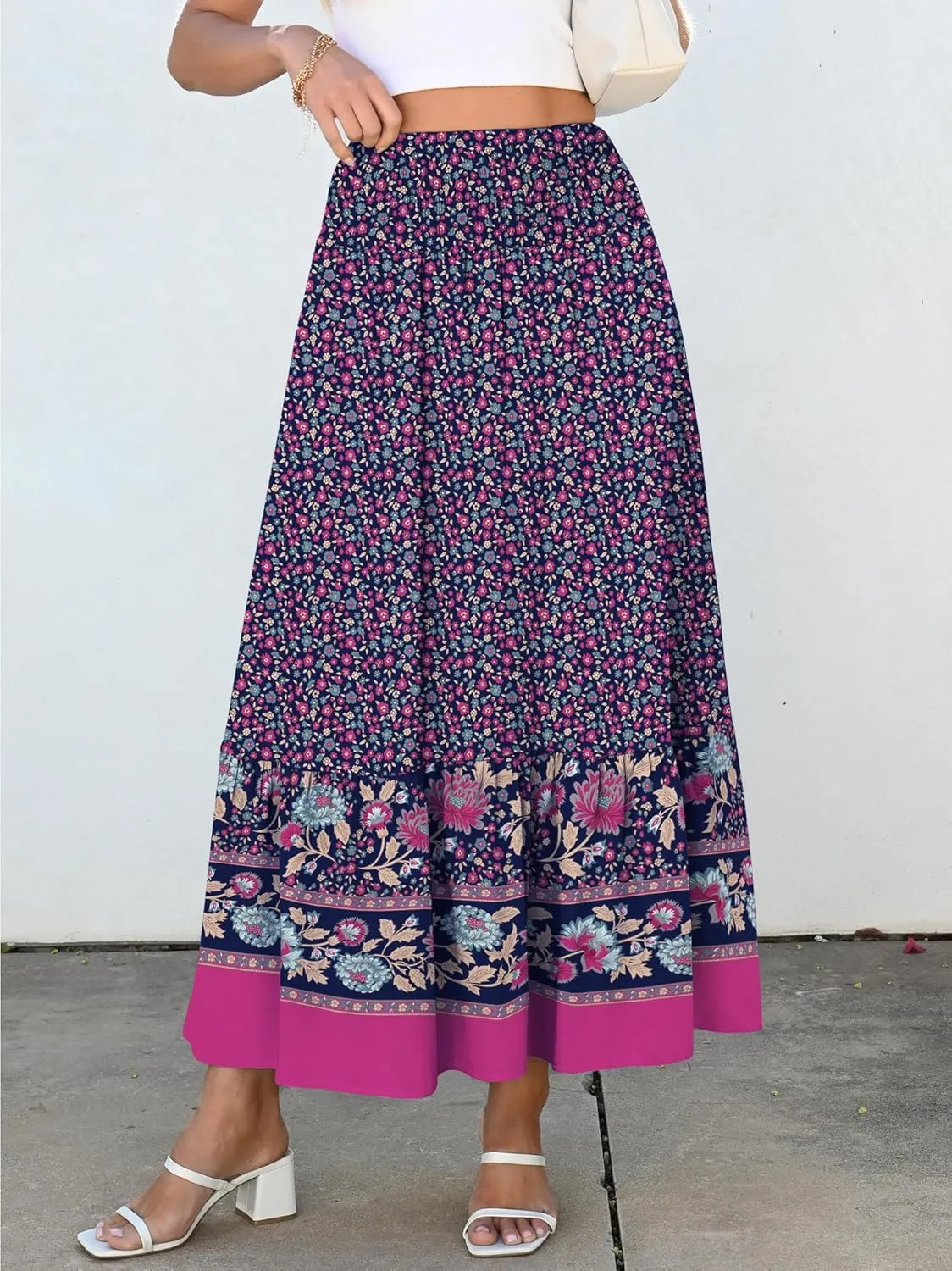 ANRABESS Maxi Skirts for Women 2025 Summer Boho Long Flowy Floral Elastic High Waist Skirt Casual Travel Skirt with Pockets
