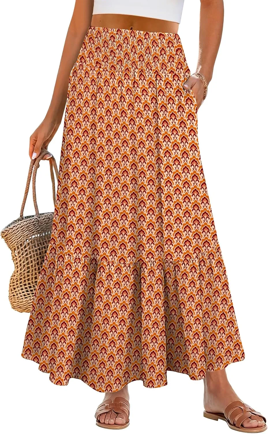 ANRABESS Maxi Skirts for Women 2025 Summer Boho Long Flowy Floral Elastic High Waist Skirt Casual Travel Skirt with Pockets