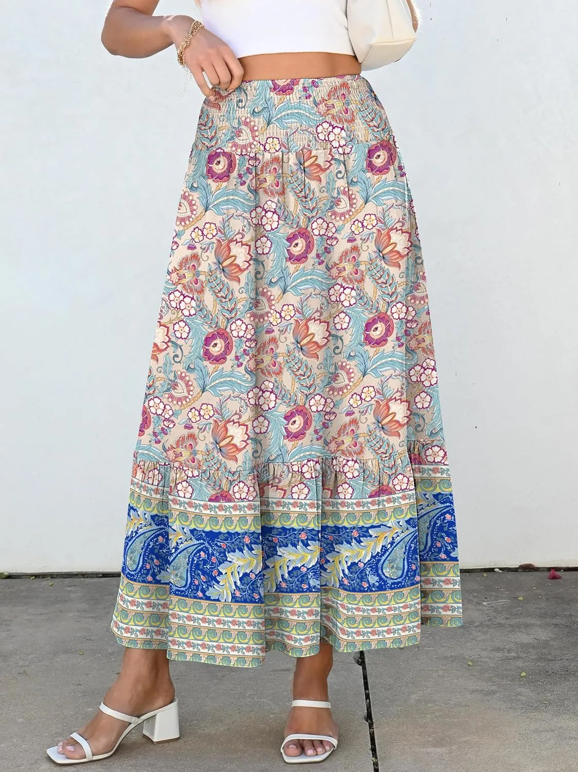 ANRABESS Maxi Skirts for Women 2025 Summer Boho Long Flowy Floral Elastic High Waist Skirt Casual Travel Skirt with Pockets