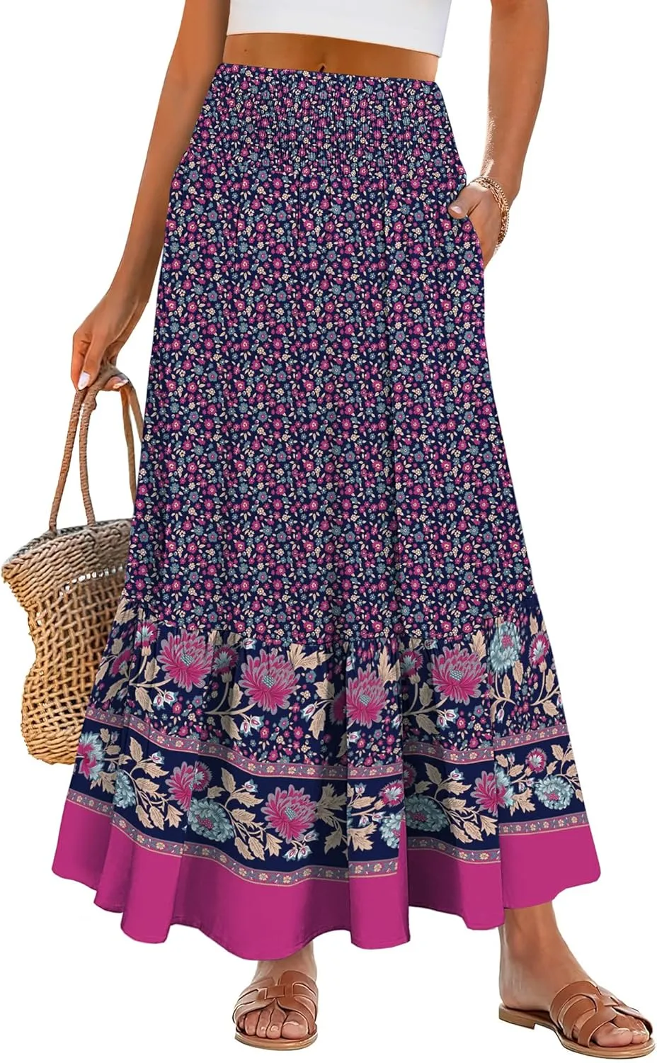 ANRABESS Maxi Skirts for Women 2025 Summer Boho Long Flowy Floral Elastic High Waist Skirt Casual Travel Skirt with Pockets
