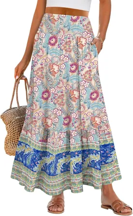 ANRABESS Maxi Skirts for Women 2025 Summer Boho Long Flowy Floral Elastic High Waist Skirt Casual Travel Skirt with Pockets