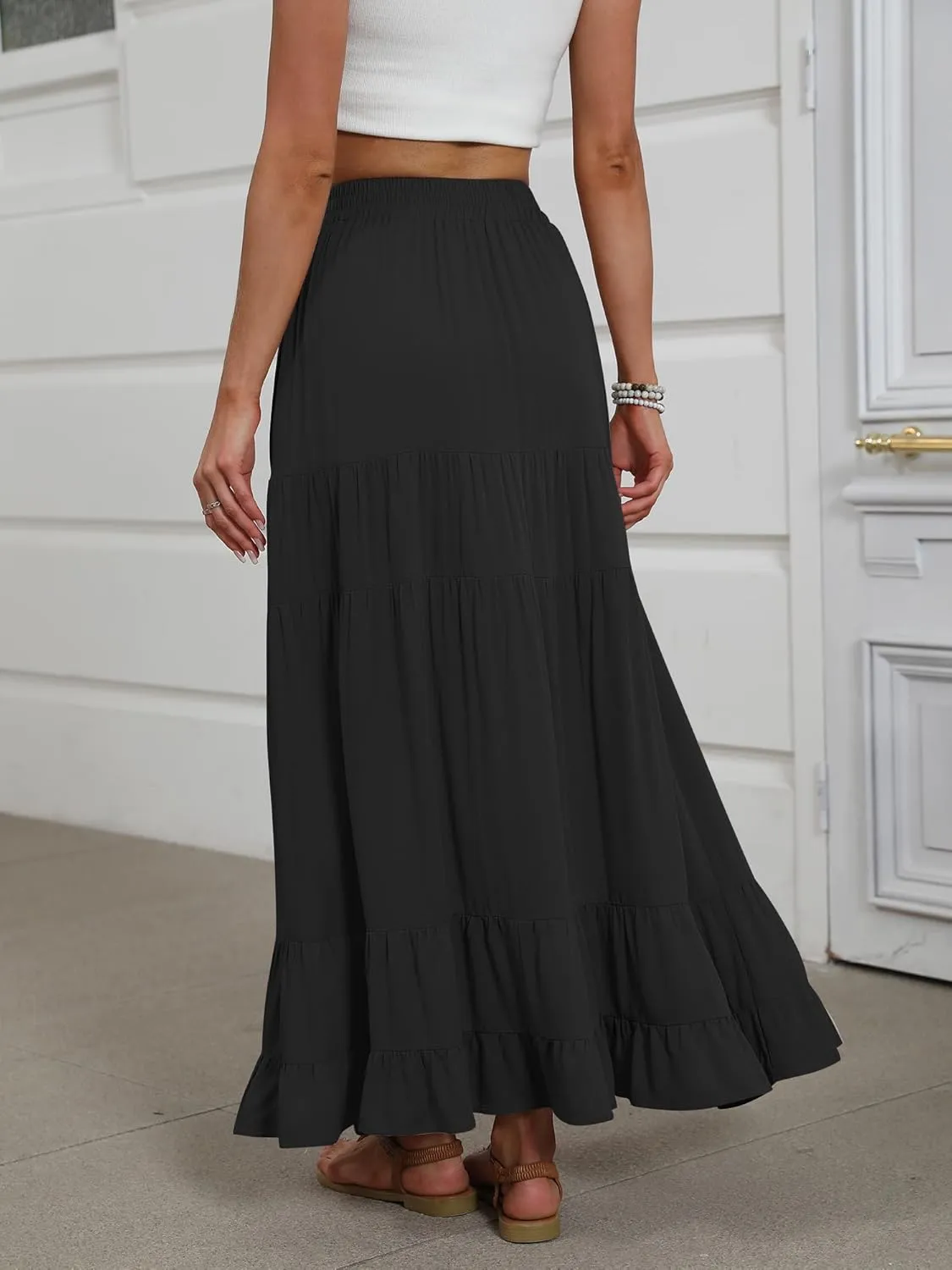 ANRABESS Womens Maxi Skirt Elastic High Waist Swing Tiered A-line Flowy Pleated Boho Beach Vacation Long Skirts