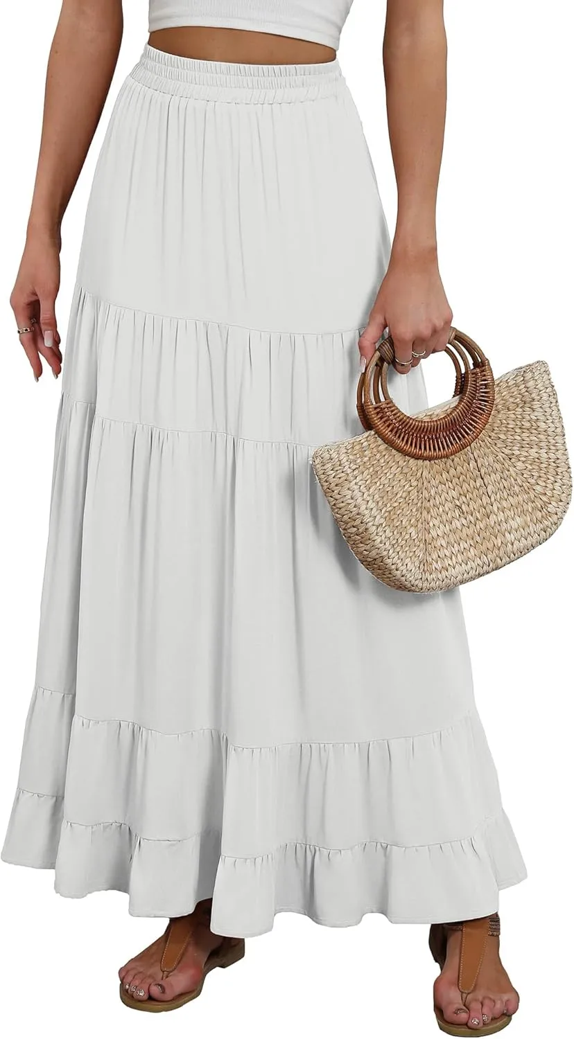 ANRABESS Womens Maxi Skirt Elastic High Waist Swing Tiered A-line Flowy Pleated Boho Beach Vacation Long Skirts