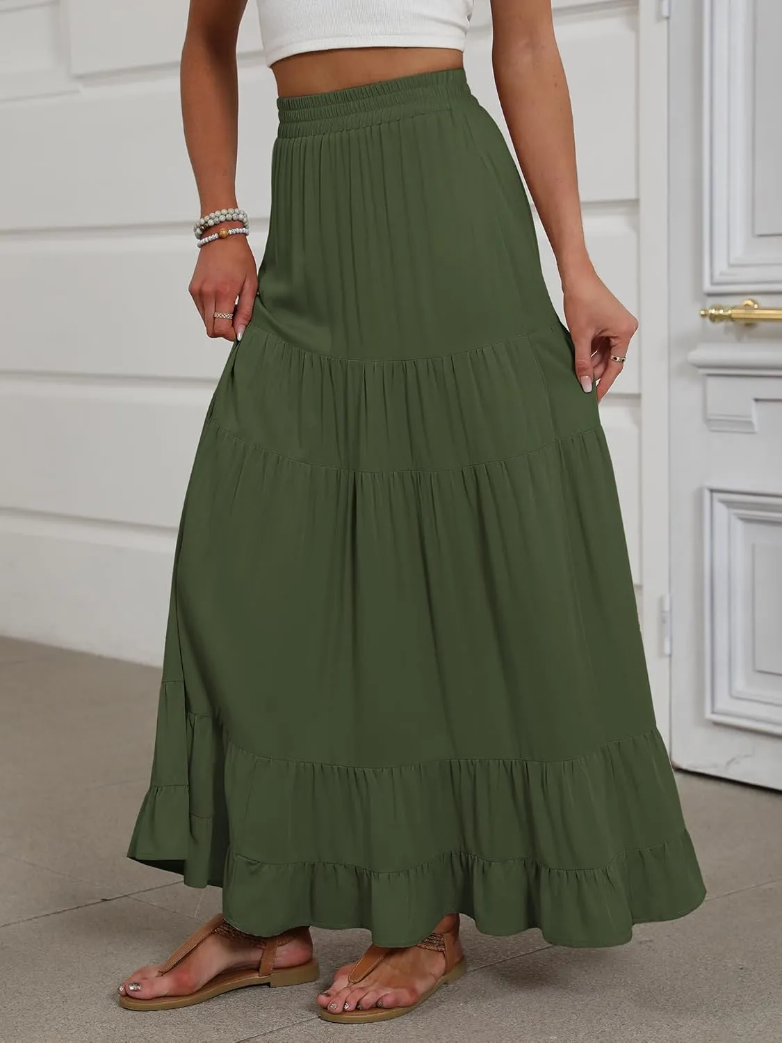 ANRABESS Womens Maxi Skirt Elastic High Waist Swing Tiered A-line Flowy Pleated Boho Beach Vacation Long Skirts