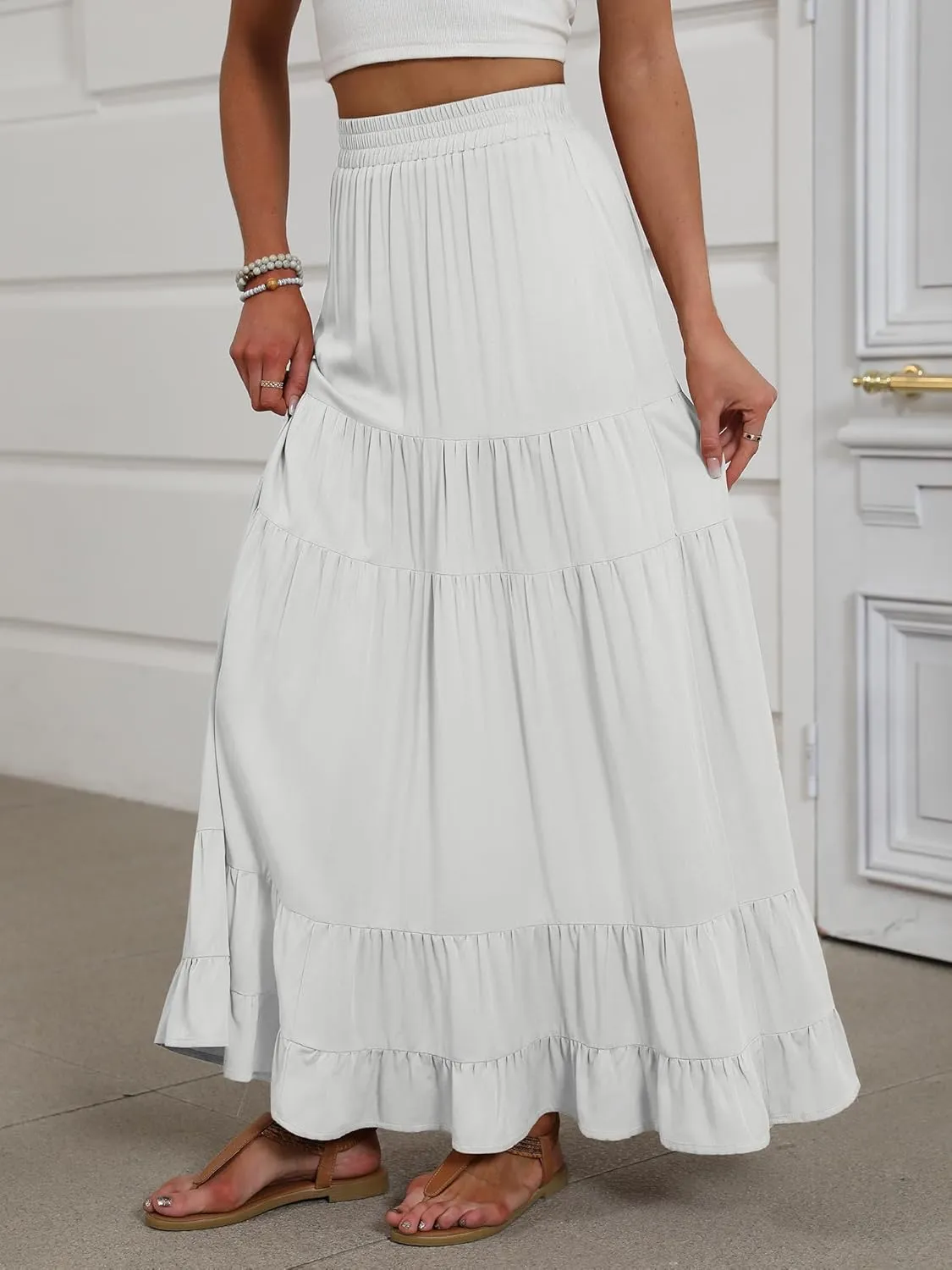 ANRABESS Womens Maxi Skirt Elastic High Waist Swing Tiered A-line Flowy Pleated Boho Beach Vacation Long Skirts