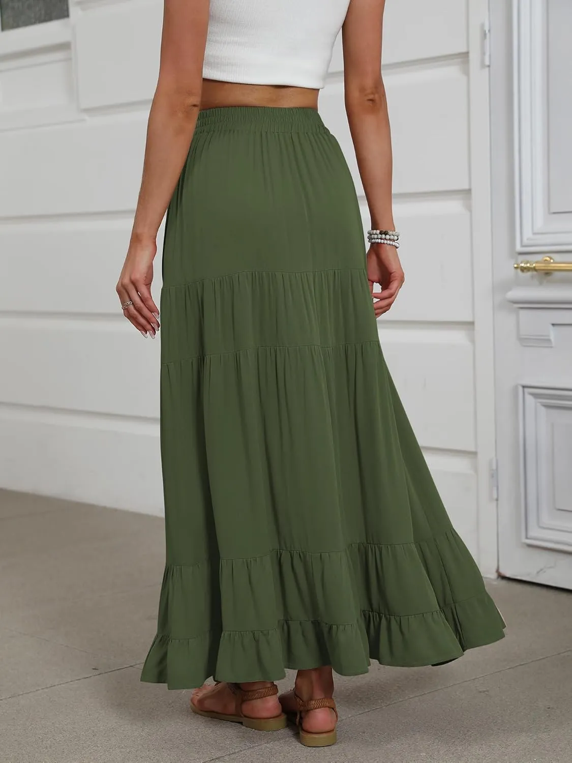ANRABESS Womens Maxi Skirt Elastic High Waist Swing Tiered A-line Flowy Pleated Boho Beach Vacation Long Skirts