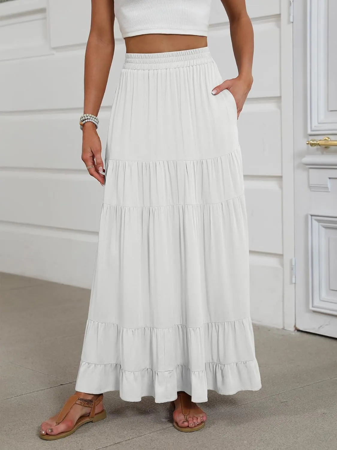 ANRABESS Womens Maxi Skirt Elastic High Waist Swing Tiered A-line Flowy Pleated Boho Beach Vacation Long Skirts