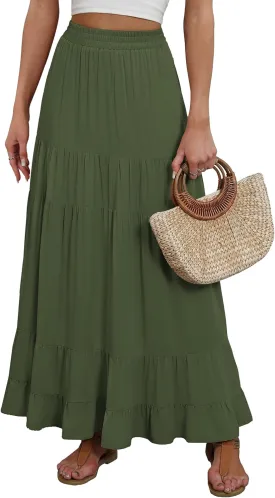 ANRABESS Womens Maxi Skirt Elastic High Waist Swing Tiered A-line Flowy Pleated Boho Beach Vacation Long Skirts