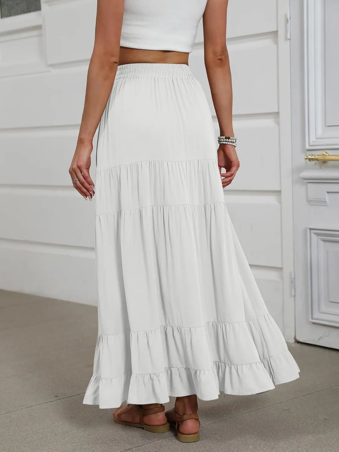 ANRABESS Womens Maxi Skirt Elastic High Waist Swing Tiered A-line Flowy Pleated Boho Beach Vacation Long Skirts