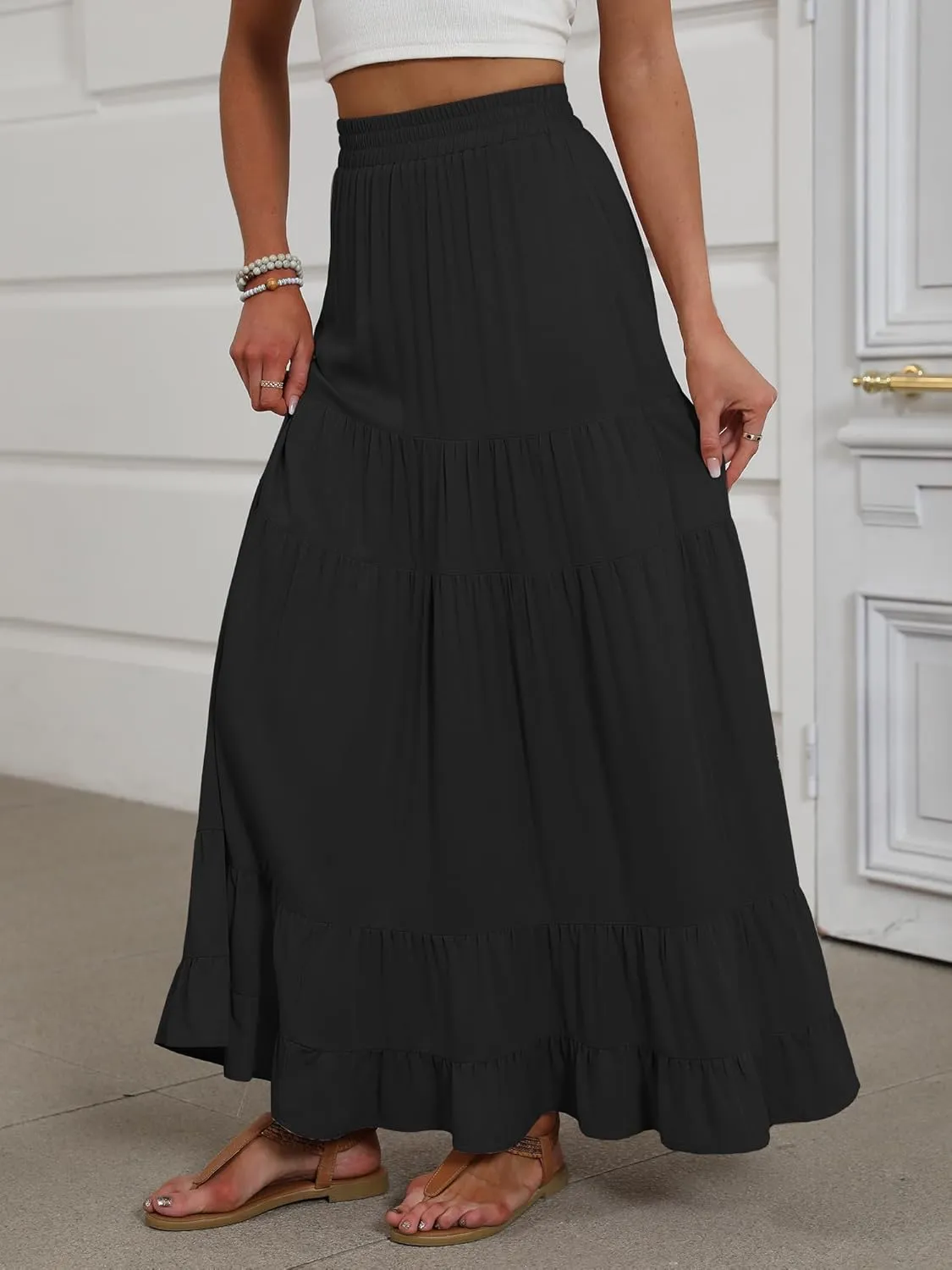 ANRABESS Womens Maxi Skirt Elastic High Waist Swing Tiered A-line Flowy Pleated Boho Beach Vacation Long Skirts