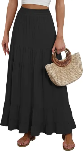 ANRABESS Womens Maxi Skirt Elastic High Waist Swing Tiered A-line Flowy Pleated Boho Beach Vacation Long Skirts