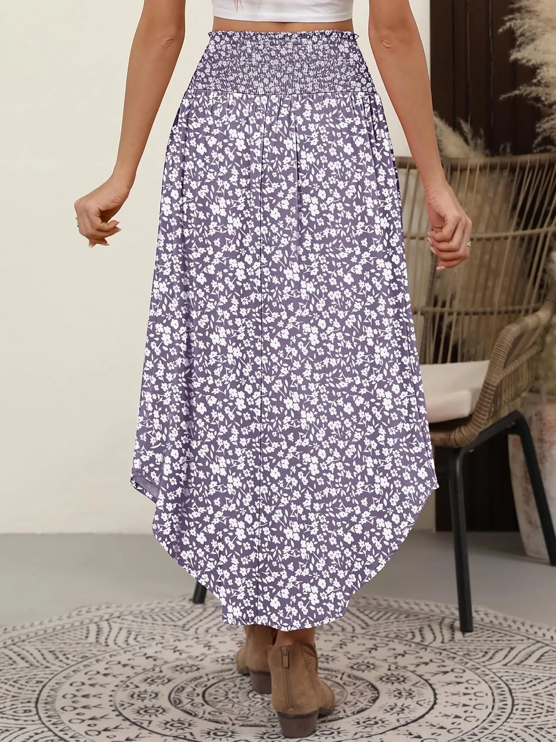ANRABESS Women's Summer Boho Floral Maxi Skirts High Waisted Flowy Swing Pleated Beach Long Skirt with Pockets