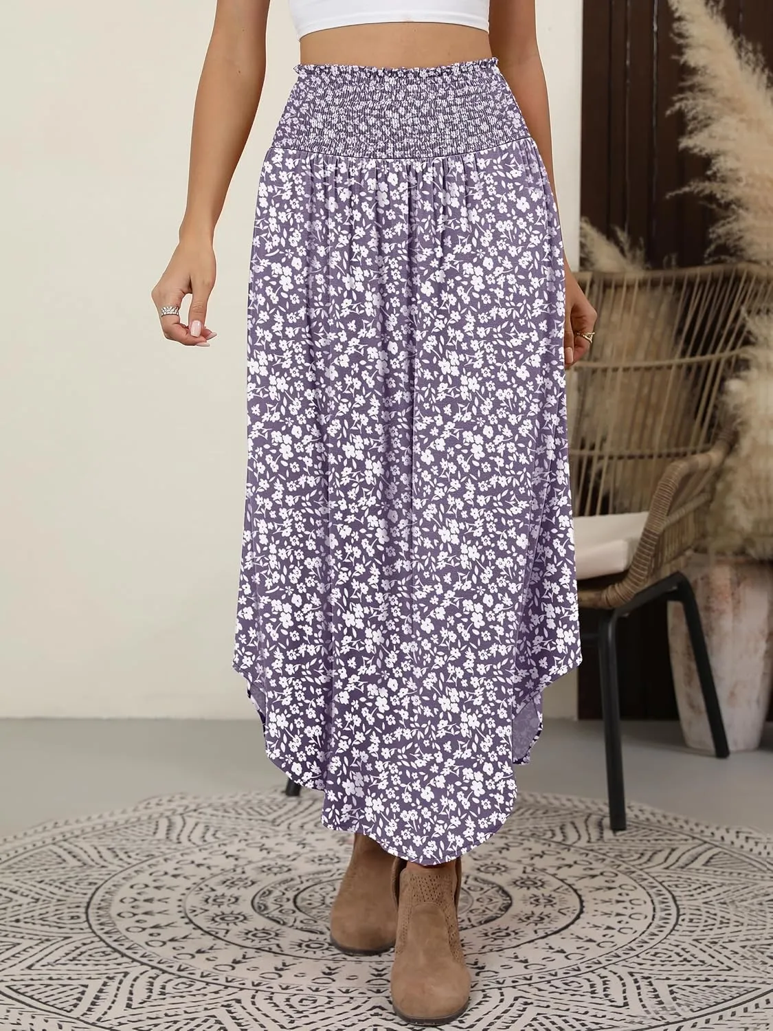 ANRABESS Women's Summer Boho Floral Maxi Skirts High Waisted Flowy Swing Pleated Beach Long Skirt with Pockets