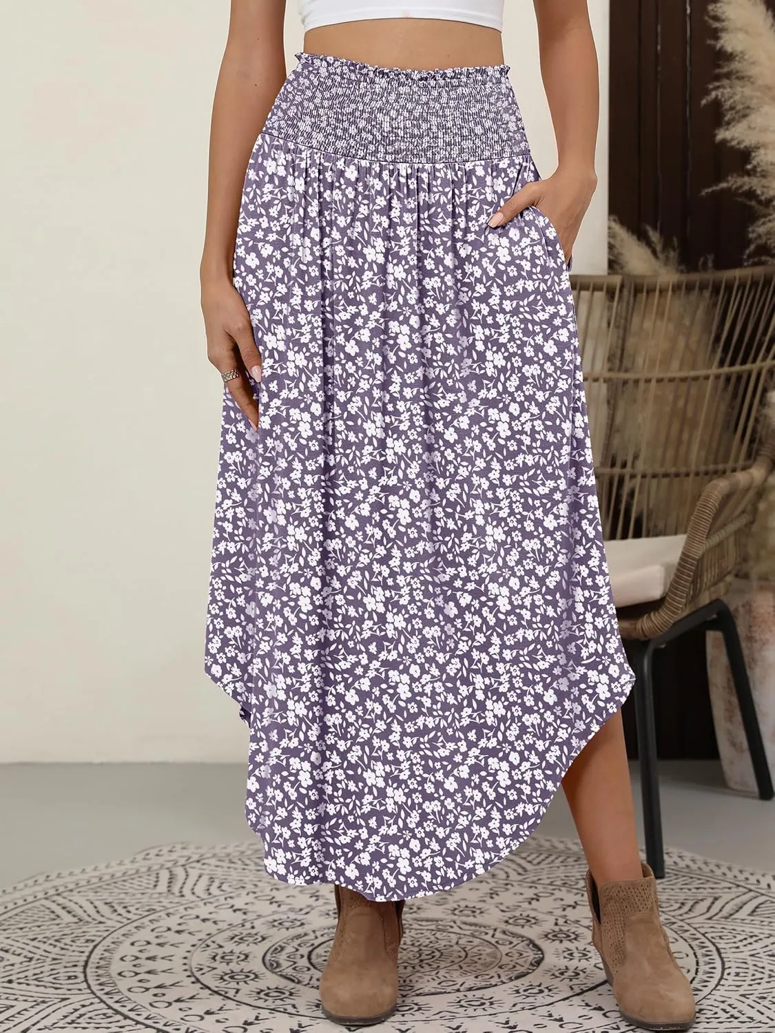 ANRABESS Women's Summer Boho Floral Maxi Skirts High Waisted Flowy Swing Pleated Beach Long Skirt with Pockets
