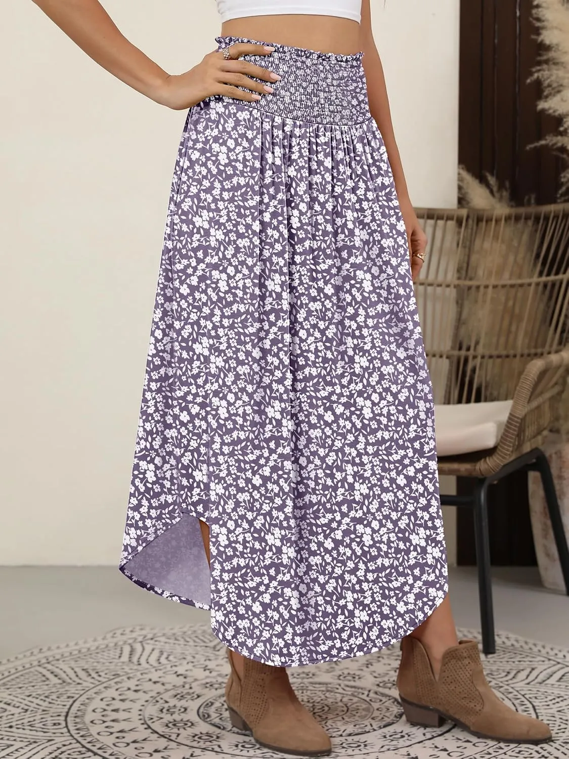 ANRABESS Women's Summer Boho Floral Maxi Skirts High Waisted Flowy Swing Pleated Beach Long Skirt with Pockets