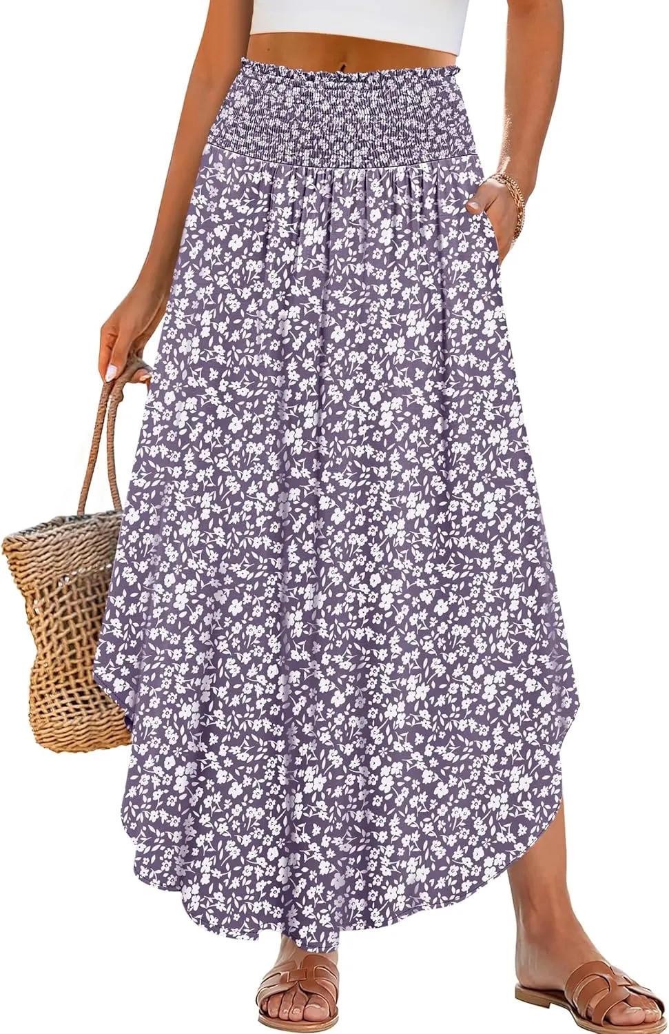 ANRABESS Women's Summer Boho Floral Maxi Skirts High Waisted Flowy Swing Pleated Beach Long Skirt with Pockets