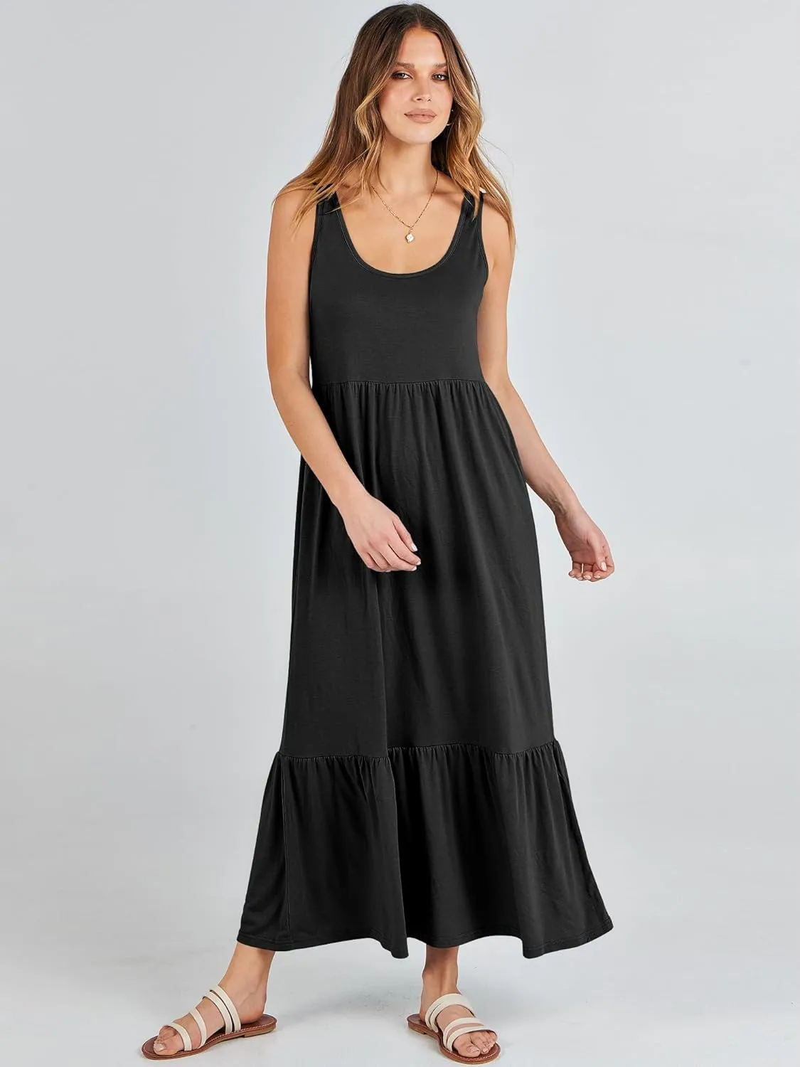 ANRABESS Women's Summer Sleeveless Maxi Sundress Swing Casual Flowy Tiered Shirts Dress Beach Travel Vacation Outfits