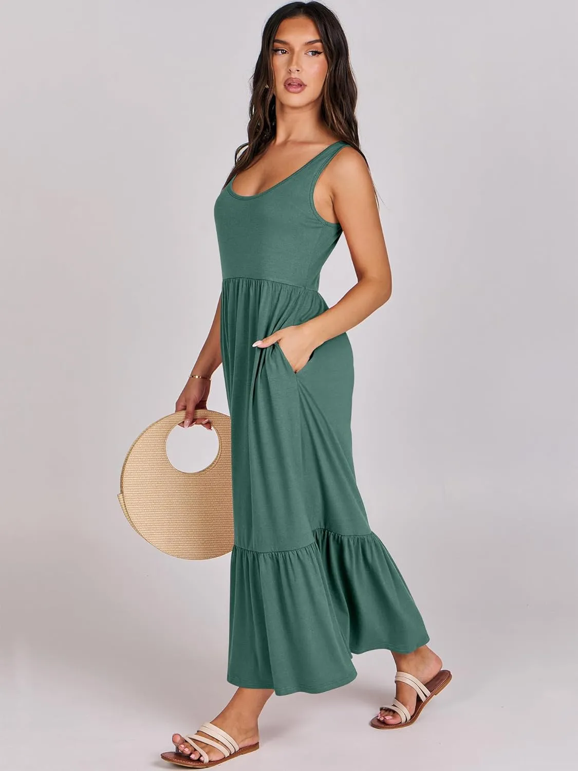 ANRABESS Women's Summer Sleeveless Maxi Sundress Swing Casual Flowy Tiered Shirts Dress Beach Travel Vacation Outfits